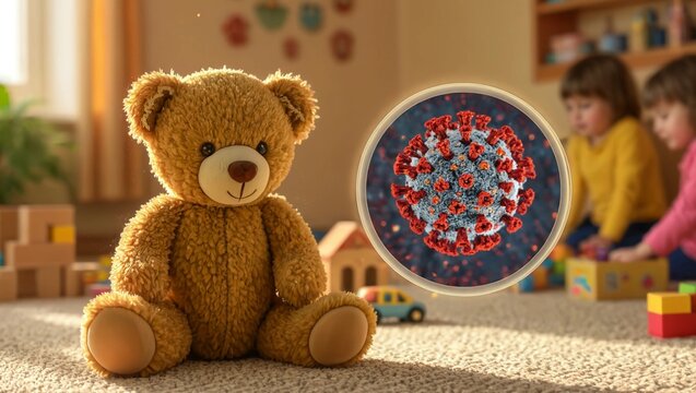 Soft teddy bear sitting in a colorful playroom with a semi-transparent covid-19 virus particle overlay, representing childhood in a pandemic and toy contamination concerns