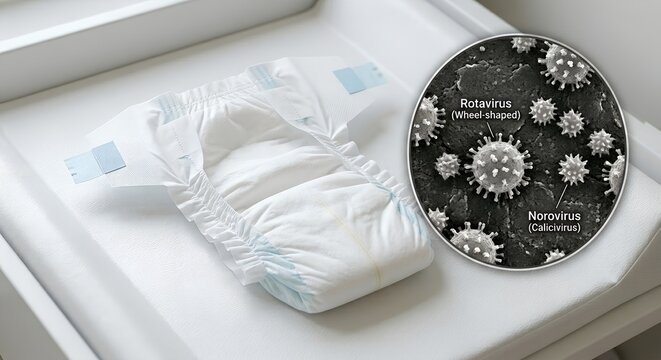 Disposable diaper on a baby changing table with magnified rotavirus and norovirus particles nearby, representing gastrointestinal infections and infant hygiene