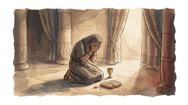 Pharaoh alone in grief within shadowed chambers after the terrible turning point of biblical Passover, soft watercolor vector