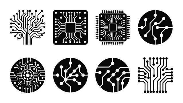 Circuit Board Icons Set, Microchip Graphics, Electronic Technology Symbols, Computer Hardware Vector Elements