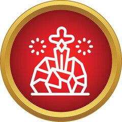 Naklejka premium Symbolic sword stuck in a rock on a golden framed red circle icon