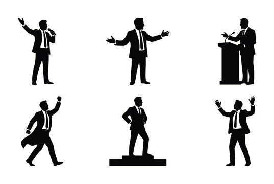 Business People Silhouettes: 6 Diverse Poses for Presentations, Speeches, and Leadership Concepts, Vector Icons