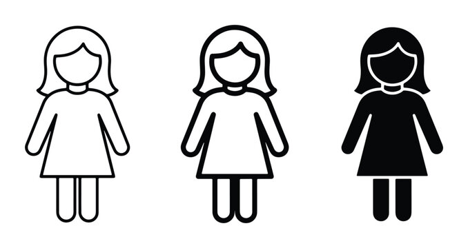 Set of Three Female Figures: Outline, Line Art, and Silhouette Vector Icons, Representing Women and Girls in Simple Graphic Design