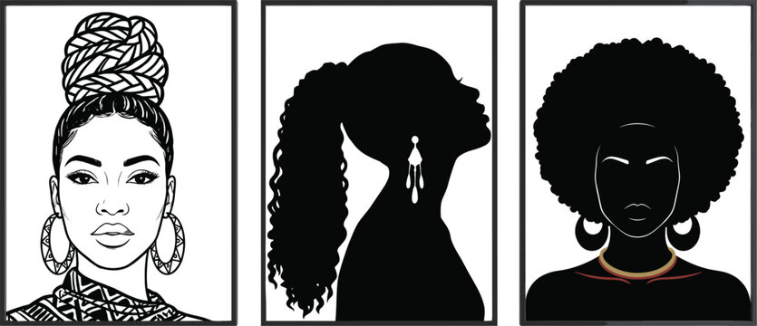 African women portraits with diverse hairstyles in framed line art and silhouette style, modern minimal vector illustration celebrating beauty and identity