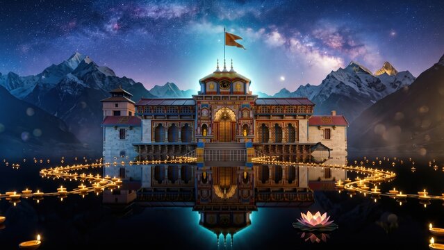 Badrinath Temple Night Reflection &mdash; Sacred River Glow