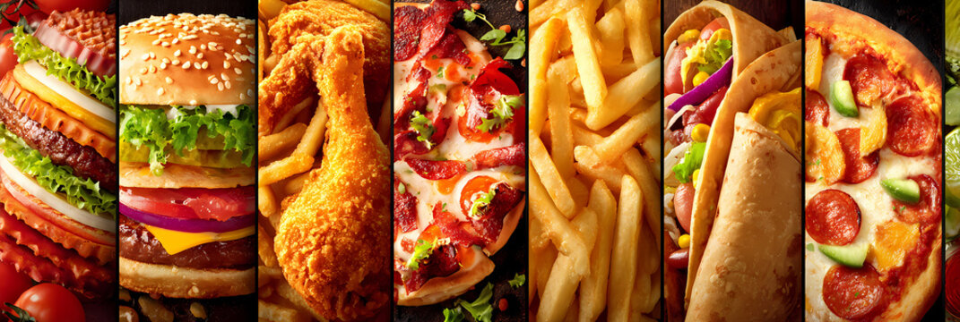 Diverse assortment of popular fast food items