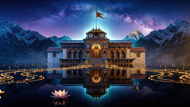 Badrinath Temple Night Reflection &mdash; Sacred River Glow