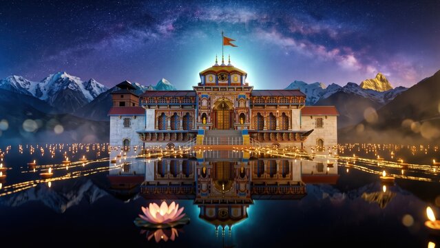 Badrinath Temple Night Reflection &mdash; Sacred River Glow