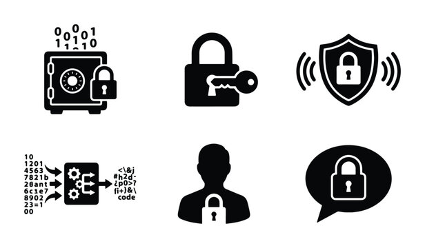 Cybersecurity Icons Set: Secure Data Safe, Padlock Key, Shield Protection, Code Encryption, User Privacy, Locked Message, Digital Security Concepts
