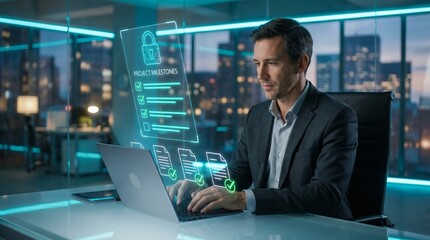 Fototapeta premium Business compliance and digital document security concept with businessman using laptop and holographic checklist interface for data protection, regulation, and secure online management system 