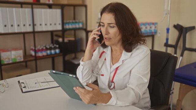 Woman doctor middleaged hispanic holding phone to ear with tablet and stethoscope in clinic building; patient care concern.