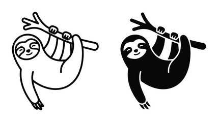 Fototapeta premium Minimalist sloth vector icons, black and white hanging sloth illustrations, cute animal line art and solid silhouette set for logos and stickers