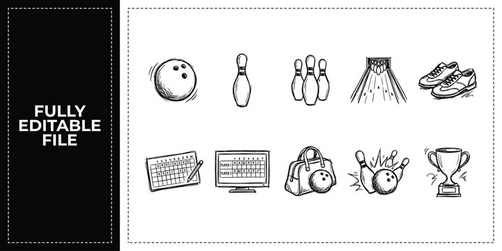 Set of bowling sports game equipment and leisure activity icons frontal isolated png on a transparent background perfectly cutout high resolution