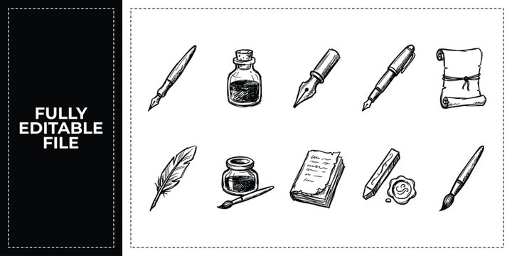 Set of writing literature old book and poetry manuscript icons frontal isolated png on a transparent background perfectly cutout high resolution