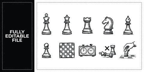 Set of chess board game strategy and intellectual leisure icons frontal isolated png on a transparent background perfectly cutout high resolution © Abir