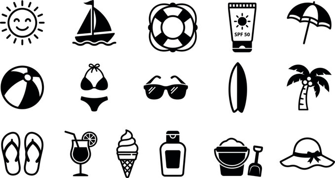 Black and white beach icons set