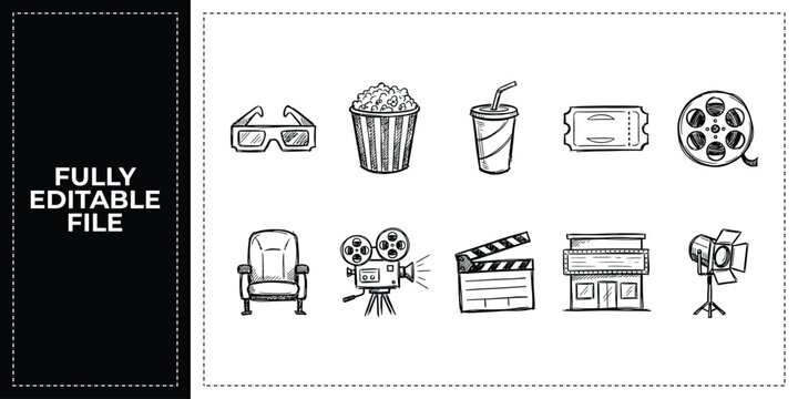 Set of cinema movies film production and theater culture icons frontal isolated png on a transparent background perfectly cutout high resolution
