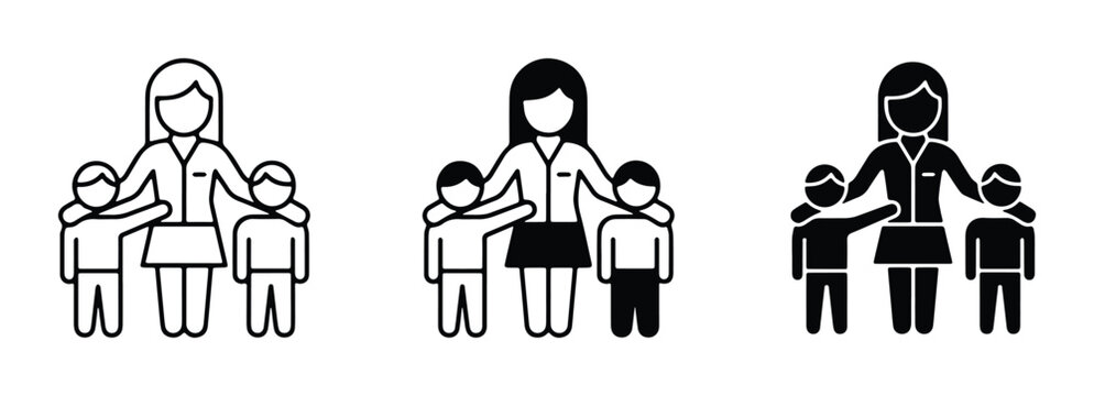 Single mother with children icon set, mother and two sons vector illustration, black and white family silhouette and line art symbols
