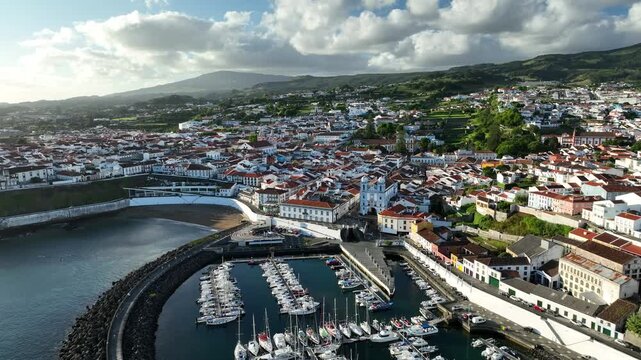 Aerial Drone View of Angra do Heroismo Marina and Historic City Center, Terceira Island, Azores, Portugal, UNESCO World Heritage City