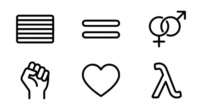 Equality, Love, and Rights Icons: Gender, Fist, Heart, Lambda Symbols
