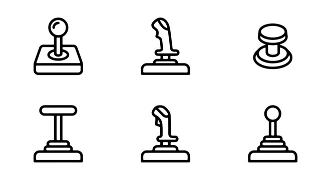 Gaming joystick vector icons, arcade controller symbols, game console input devices, black outline set