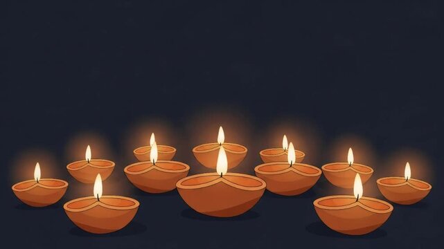 Traditional clay oil lamps burning during Dussehra festival. Glowing diya rows arranged on dark background. Hindu celebration of light, spirituality and devotion.