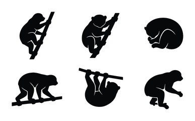 Fototapeta premium Sloth silhouette vector icons set, black tropical animal silhouettes in various poses, climbing and sleeping sloth collection for nature branding