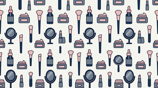 Beauty and skincare tools and cosmetics icons arranged in a seamless repeating pattern for beauty branding and wallpapers.