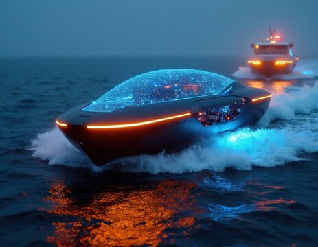 Futuristic autonomous ship sails on ocean. Advanced tech vehicle with glowing circuits on deck cruises at sea. Another boat follows in background, symbolizing maritime transport.