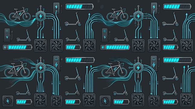 Modern bicycle share icons and city mobility symbols arranged in a sophisticated seamless repeating pattern for tech themes.