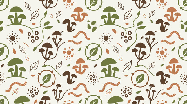 Seamless pattern of mushrooms, worms, leaves, and recycling symbols