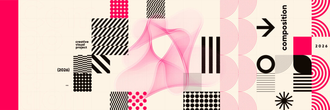 Abstract geometric design featuring bold patterns and vibrant colors. The composition includes stripes, circles, and dynamic shapes, creating a modern visual impact.