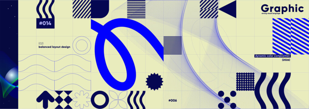 Abstract geometric illustration featuring bold blue and white shapes with dynamic lines and patterns. The design emphasizes balanced layout and modern aesthetics.