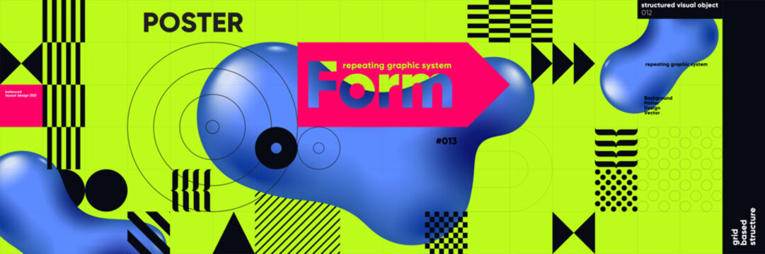 Dynamic abstract design featuring bold geometric shapes and vibrant colors. The composition includes fluid blue forms and structured patterns on a bright green background.