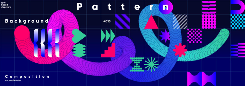 Colorful abstract geometric pattern featuring dynamic shapes and vibrant colors on a grid-based structure. Ideal for modern design projects and creative backgrounds.