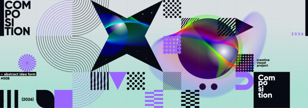 An abstract digital composition featuring geometric shapes, vibrant colors, and dynamic patterns. The design includes circles, lines, and gradients, creating a modern visual effect.