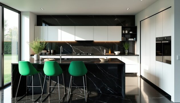 Modern kitchen with black marble island, white cabinets. Three green bar stools at island. Sleek design with integrated appliances, large window overlooking garden. Bright natural light fills room.