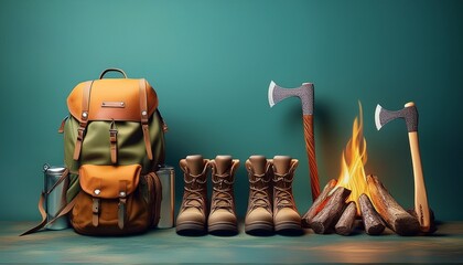 Obraz premium camping gear axe boots campfire and backpack on teal background