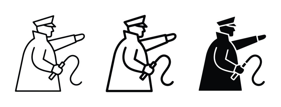 Minimalist circus ringmaster icons set, black and white line art of man with whip and uniform, professional performer vector graphics for entertainment