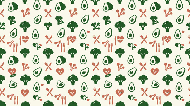 Dietary planning symbols and wholesome food icons forming a continuous seamless pattern for health technology and app backgrounds.