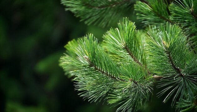 close up of fresh green pine or fir tree branches with a dark blurred background
