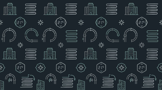 Residential district heating icons and thermal management symbols arranged in a sophisticated seamless repeating pattern for home
