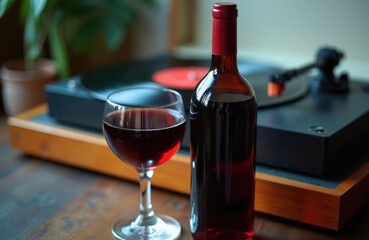 Naklejka premium Glass of red wine beside bottle near turntable with vinyl record playing. Interior scene with plant and warm lighting, perfect for relaxation.