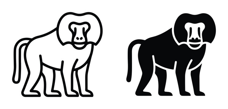 Baboon monkey vector icons set, minimalist primate line art and solid silhouette, wild african animal graphic elements for logo design
