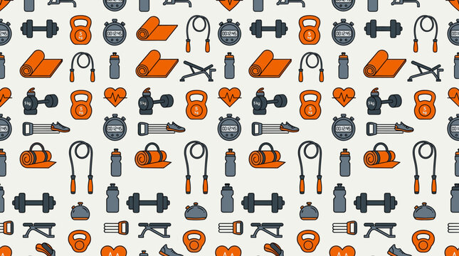 Fitness and movement icons and athletic lifestyle symbols arranged in a seamless repeating pattern for sports branding and
