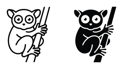 Minimalist tarsier monkey vector icons, cute primate climbing bamboo branch, black and white tarsier silhouette and line art set for logo design © Abu