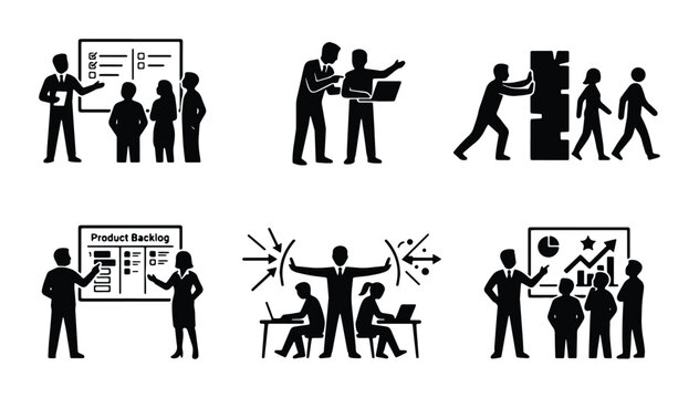 Agile project management icons, scrum master leading product backlog meeting, business team collaboration and workflow management vector set