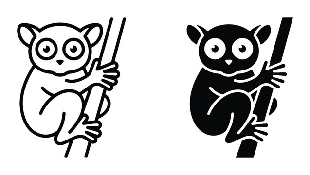 Minimalist tarsier monkey vector icons, cute primate climbing bamboo branch, black and white tarsier silhouette and line art set for logo design