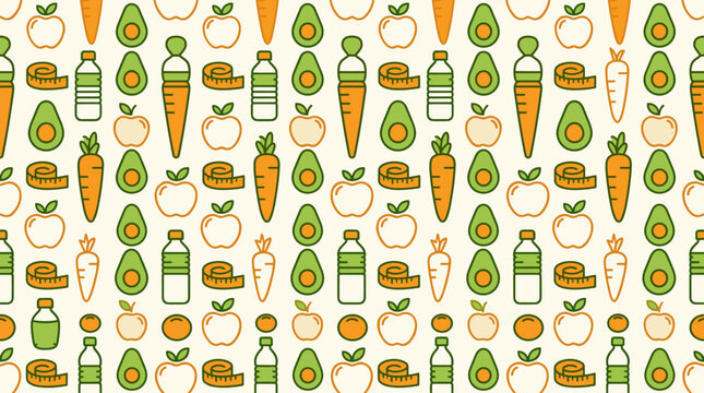Healthy nutrition icons and bulk food shopping symbols arranged in a sophisticated seamless repeating pattern for wellness themes.