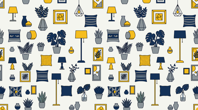 Interior decor objects and home icons arranged in a seamless repeating pattern for interior branding and wallpapers. Professional
